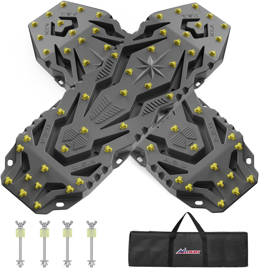Nilight Recovery Off-Road Traction Boards 2Pcs 43 InchL x 13.3 InchW with Yellow Teeth for 4WD 4X4 Mud Sand Snow Includes 2PCS Mounting Kit & Carry Bag (Grey)
