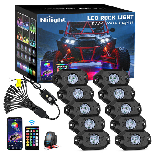 Nilight RGB LED Rock Lights Kit 10 Pods Underglow Multicolor Neon Pod with Remote & Bluetooth App Control DIY Flashing Music Mode Wheel Well Light for Truck ATV UTV RZR SUV
