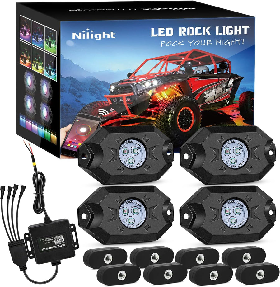 Nilight RGB LED Rock Lights Kit 4PCS Bluetooth App Control Multicolor | Magnetic Base Underglow Neon Light Pods IP68 Waterproof Flashing Music Mode for Truck ATV UTV RZR SUV