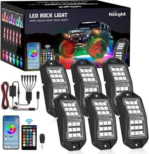 Nilight RGB LED Rock Lights Kit 6 PCS 18LED Wide Angle Wheel Well Light with Remote & Bluetooth App Dual Control Multi Modes Underglow Multicolor Neon Pod for ATV UTV SUV Offroad Truck RZR Boat