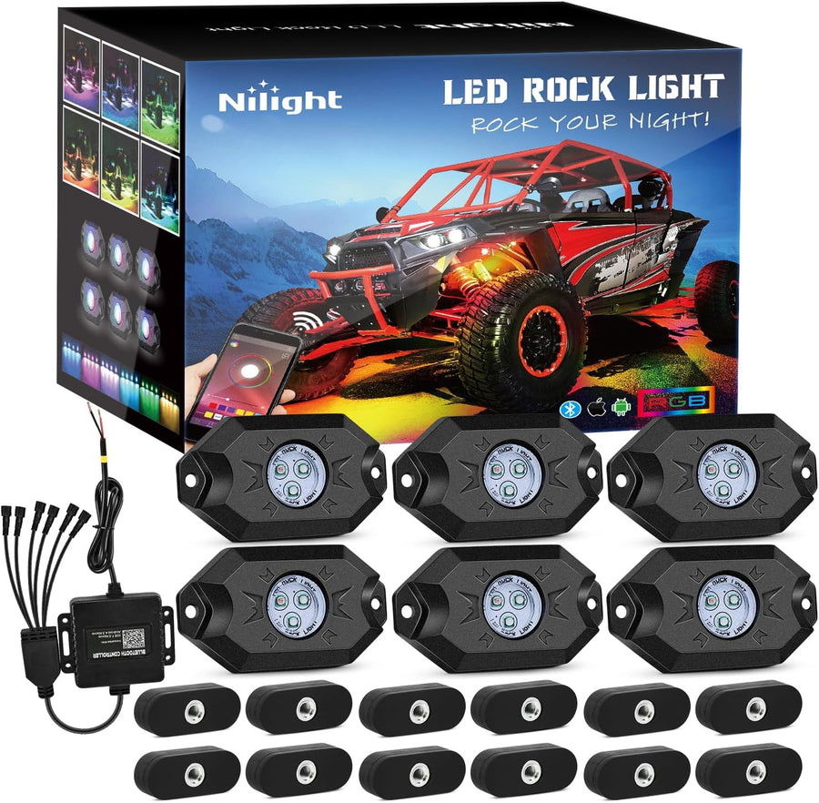 Nilight RGB LED Rock Lights Kit 6PCS Bluetooth App Control Multicolor | Magnetic Base Underglow Neon Light Pods IP68 Waterproof Flashing Music Mode for Truck ATV UTV RZR SUV