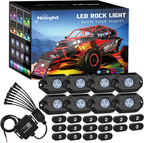 Nilight RGB LED Rock Lights Kit 8PCS Bluetooth App Control Multicolor | Magnetic Base Underglow Neon Light Pods IP68 Waterproof Flashing Music Mode for Truck ATV UTV RZR SUV