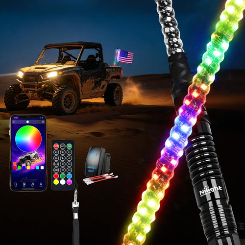 Nilight RGB LED Whip Light 1PC 2FT Spiral Antenna Whips | APP and Remote Control with DIY Chasing Patterns Turn Signal Brake Reverse Functions and Spring Base for ATV UTV Jeep