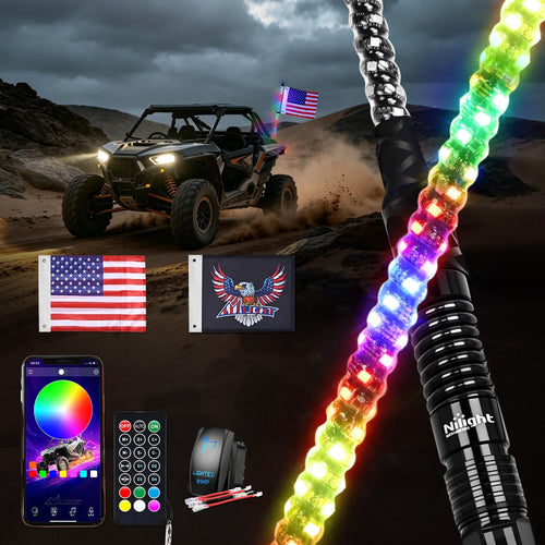 Nilight RGB LED Whip Light 1PC 3FT Spiral Antenna Whips | APP and Remote Control with DIY Chasing Patterns Brake Reverse Functions and Spring Base for ATV UTV RZR Can Am and Jeep