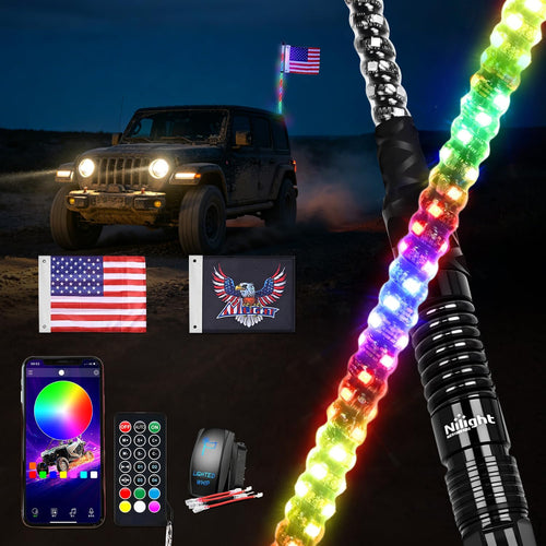 Nilight RGB LED Whip Light 1PC 5FT Spiral Antenna Whips | APP and Remote Control with DIY Chasing Patterns Brake Reverse Functions and Spring Base for ATV UTV RZR Can Am and Jeep