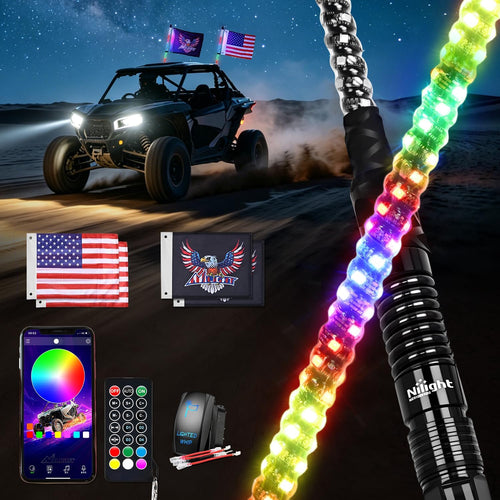 Nilight RGB LED Whip Light 2PCS 2FT Spiral Antenna Whips | APP and Remote Control with DIY Chasing Patterns Turn Signal Brake Reverse Functions and Spring Base for ATV UTV RZR and Jeep