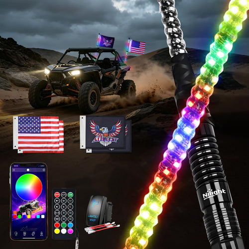 Nilight RGB LED Whip Light 2PCS 3FT Spiral Antenna Whips | APP and Remote Control with DIY Chasing Patterns Turn Signal Brake Reverse Functions and Spring Base for ATV UTV RZR and Jeep