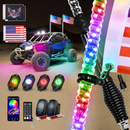 Nilight RGB LED Whip Light 2PCS 3FT with 4 Rock Lights Combo | APP and Remote Control with DIY Chasing Patterns Turn Signal Brake Reverse Functions and Spring Base for ATV UTV RZR and Jeep
