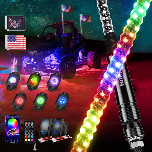 Nilight RGB LED Whip Light 2PCS 3FT with 6 Rock Lights Combo | APP and Remote Control with DIY Chasing Patterns Stop Turn Reverse Modes and Spring Base for ATV UTV RZR and Jeep