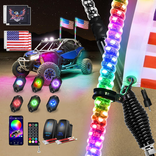 Nilight RGB LED Whip Light 2PCS 3FT with 6 Rock Lights Combo | APP and Remote Control with DIY Chasing Patterns Turn Signal Brake Reverse Functions and Spring Base for ATV UTV Jeep