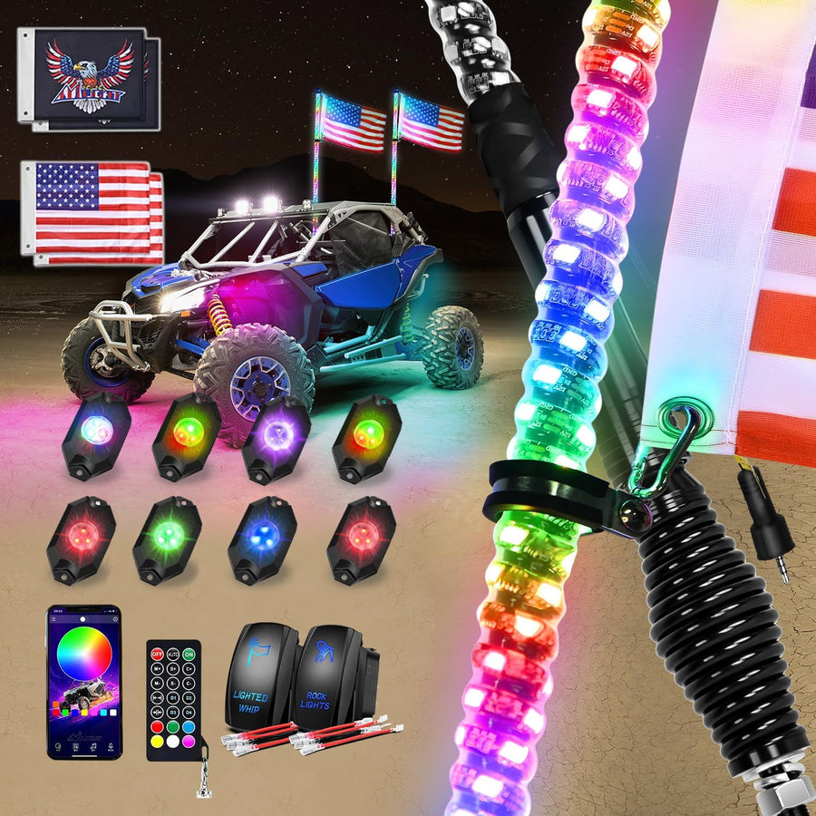 Nilight RGB LED Whip Light 2PCS 3FT with 8 Rock Lights Combo | APP and Remote Control with DIY Chasing Patterns Turn Signal Brake Reverse Functions and Spring Base for ATV UTV RZR and Jeep