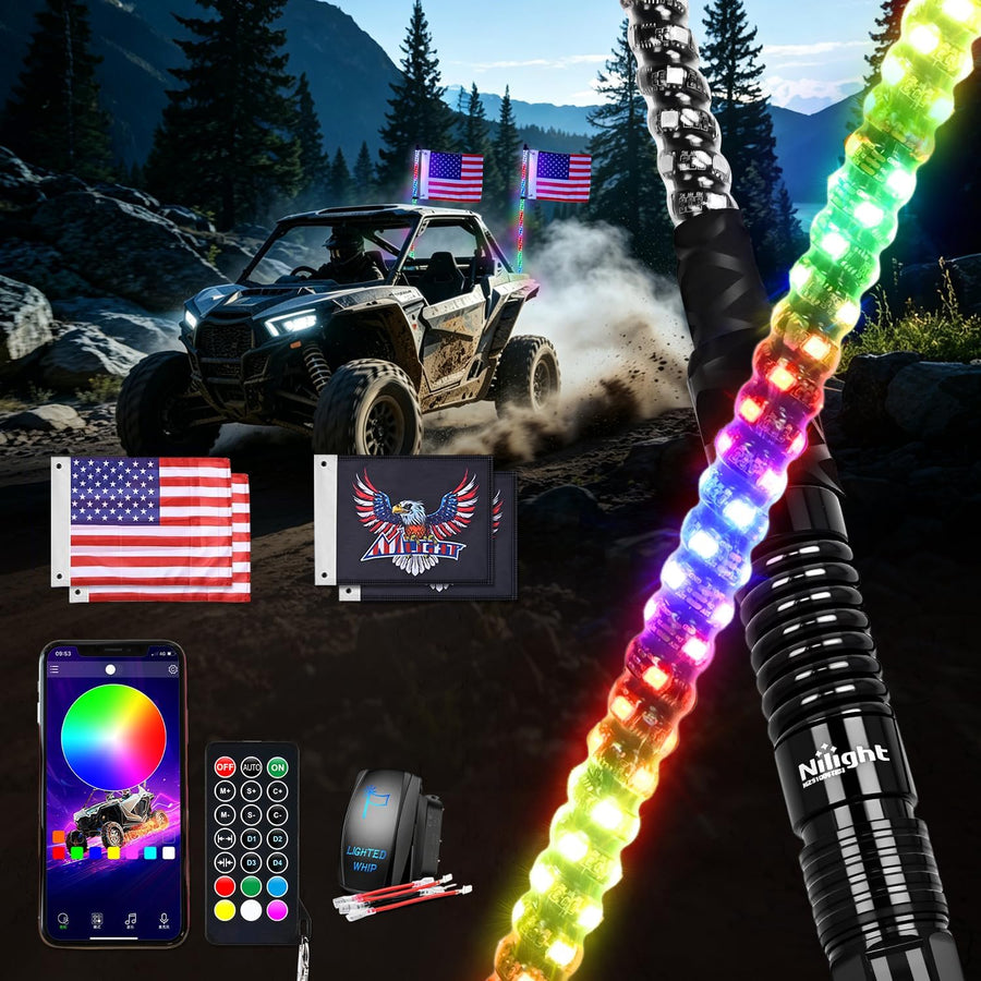 Nilight RGB LED Whip Light 2PCS 4FT Spiral Antenna Whips | APP and Remote Control with DIY Chasing Patterns Turn Signal Brake Reverse Functions and Spring Base for ATV UTV RZR and Jeep