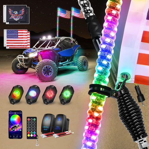 Nilight RGB LED Whip Light 2PCS 4FT with 4 Rock Lights Combo | APP and Remote Control with DIY Chasing Patterns Turn Signal Brake Reverse Functions and Spring Base for ATV UTV RZR and Jeep