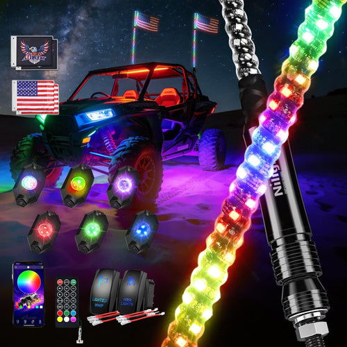 Nilight RGB LED Whip Light 2PCS 4FT with 6 Rock Lights Combo | APP and Remote Control with DIY Chasing Patterns Stop Turn Reverse Modes and Spring Base for ATV UTV RZR and Jeep