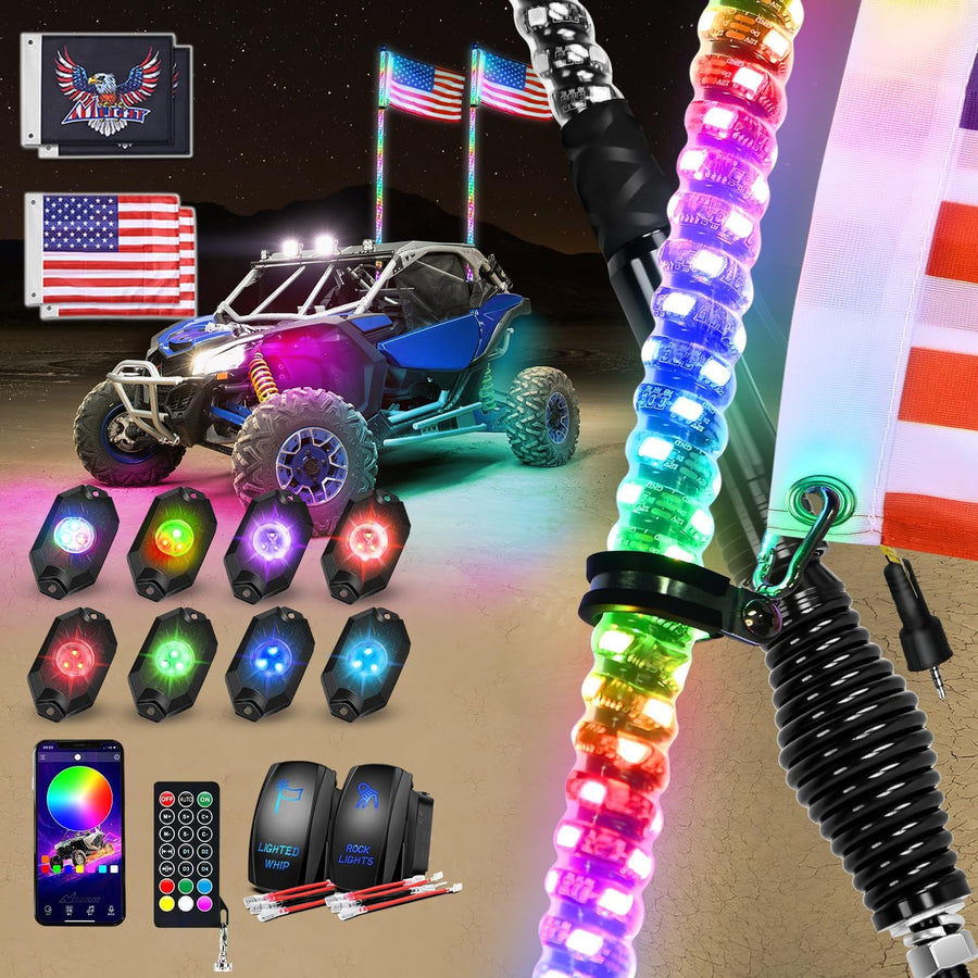 Nilight RGB LED Whip Light 2PCS 4FT with 8 Rock Lights Combo | APP and Remote Control with DIY Chasing Patterns Turn Signal Brake Reverse Functions and Spring Base for ATV UTV Jeep