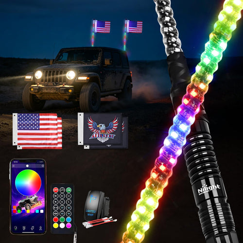 Nilight RGB LED Whip Light 2PCS 5FT Spiral Antenna Whips | APP and Remote Control with DIY Chasing Patterns Turn Signal Brake Reverse Functions and Spring Base for ATV UTV RZR and Jeep