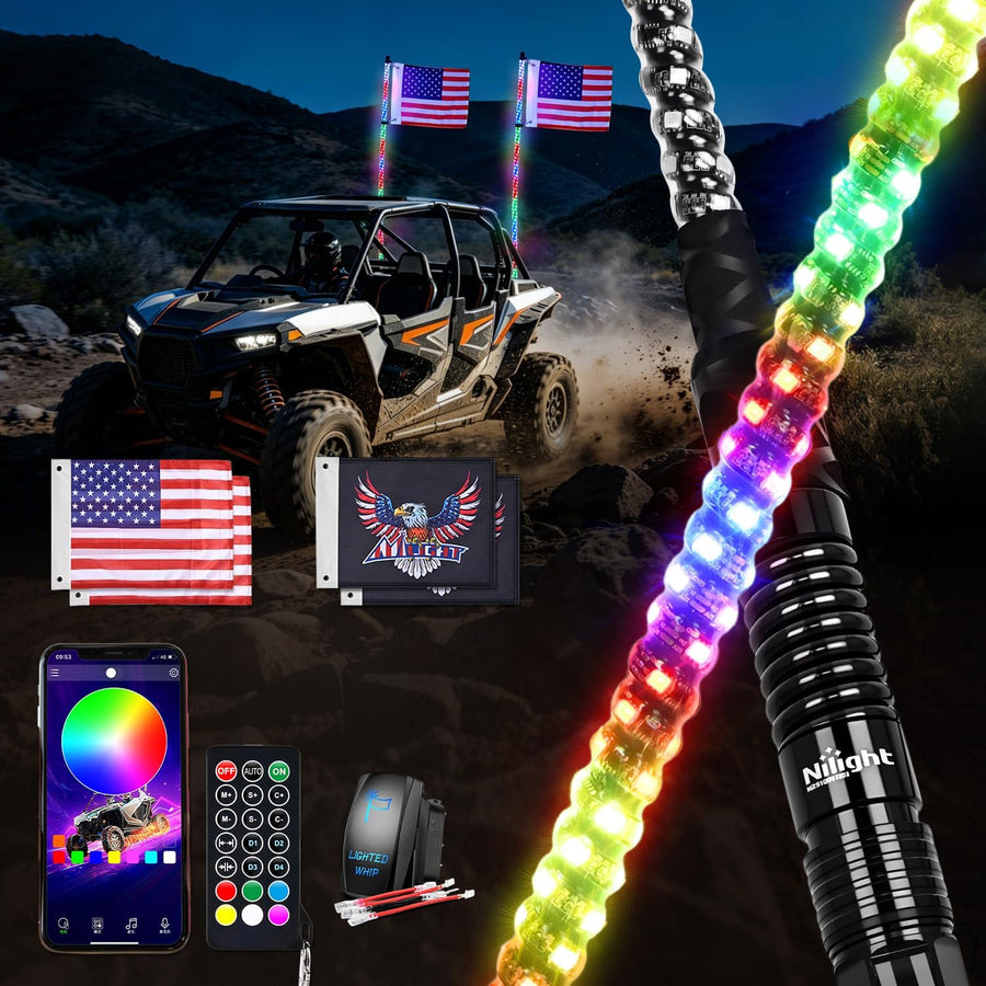 Nilight RGB LED Whip Light 2PCS 6FT Spiral Antenna Whips | APP and Remote Control with DIY Chasing Patterns Turn Signal Brake Reverse Functions and Spring Base for ATV UTV RZR and Jeep