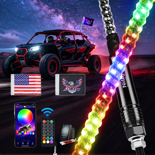 Nilight RGB Whip Light 1PC 3FT Lighted Antenna Whips with Remote & App Control DIY Chasing Patterns Brake Reverse Lights for ATV UTV Polaris RZR Can-am Dune Buggy Pickup Trucks Jeep