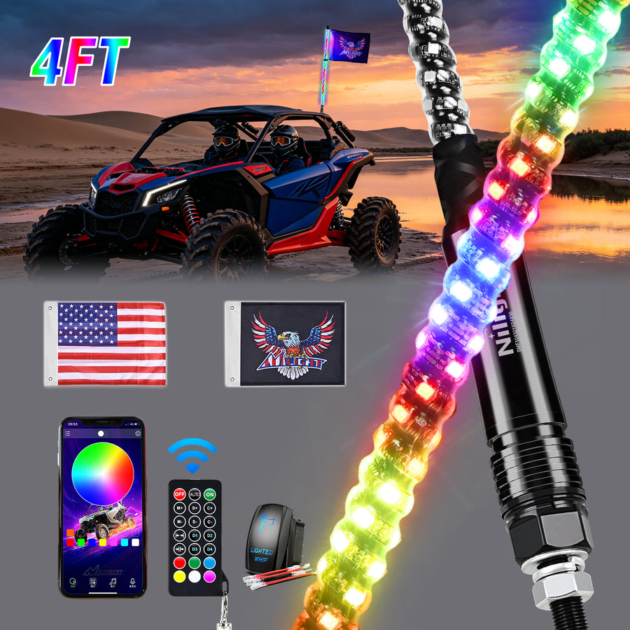Nilight RGB Whip Light 1PC 4FT Lighted Antenna Whips with Remote & App Control DIY Chasing Patterns Brake Reverse Lights for ATV UTV Polaris RZR Can-am Dune Buggy Pickup Trucks Jeep