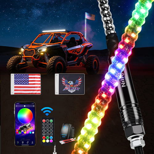 Nilight RGB Whip Light 1PC 5FT Lighted Antenna Whips with Remote & App Control DIY Chasing Patterns Brake Reverse Lights for ATV UTV Polaris RZR Can-am Dune Buggy Pickup Trucks Jeep
