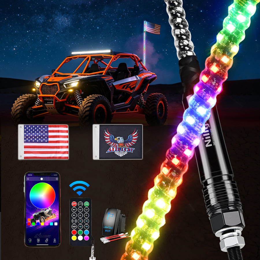Nilight RGB Whip Light 1PC 5FT Lighted Antenna Whips with Remote & App Control DIY Chasing Patterns Brake Reverse Lights for ATV UTV Polaris RZR Can-am Dune Buggy Pickup Trucks Jeep