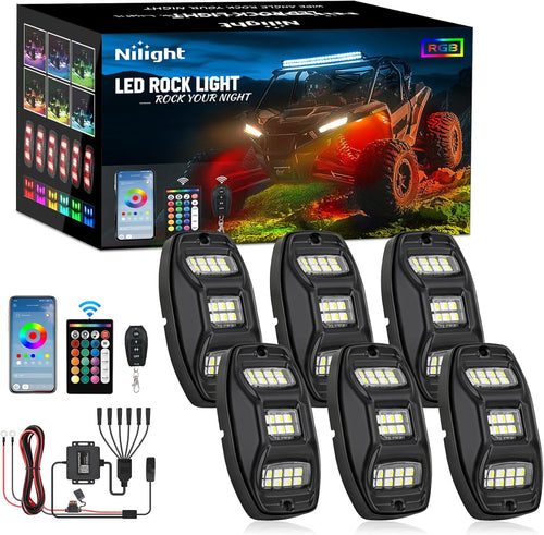 Nilight RGBW LED Rock Lights Kit, 6 Pods 22LED Wide Angle Remote & Bluetooth App Dual Control with Music Modes Multicolor Underglow Neon Wheel Well Light Fit for ATV UTV SUV Offroad Truck RZR Boat