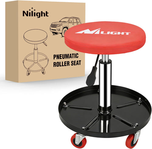 Nilight Rolling Mechanic Stool 330LBS Pneumatic Adjustable Swivel PU Seat | 360° Swivel Casters Steel Tool Tray Waterproof Seat for Garage Auto Repair Shop Workshop Warehouse Heavy Duty Workbench Stool