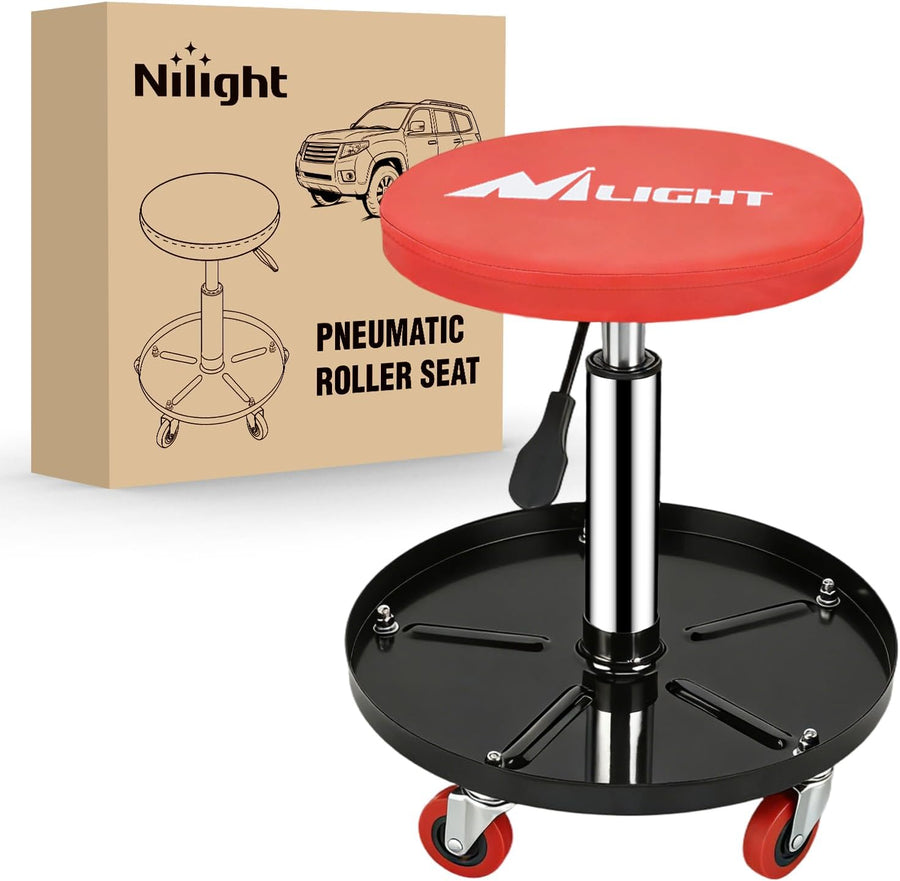 Nilight Rolling Mechanic Stool 330LBS Pneumatic Adjustable Swivel PU Seat | 360° Swivel Casters Steel Tool Tray Waterproof Seat for Garage Auto Repair Shop Workshop Warehouse Heavy Duty Workbench Stool