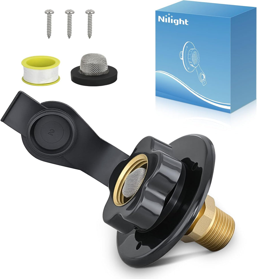Nilight RV City Water Inlet with Check Valve 1/2 Inch NPT Male to 3/4 Inch GHT Female Brass City Water Fill Inlet Flange Connection Fittings for RV Camper Trailer Marine Hose Water Connector Replacement Black