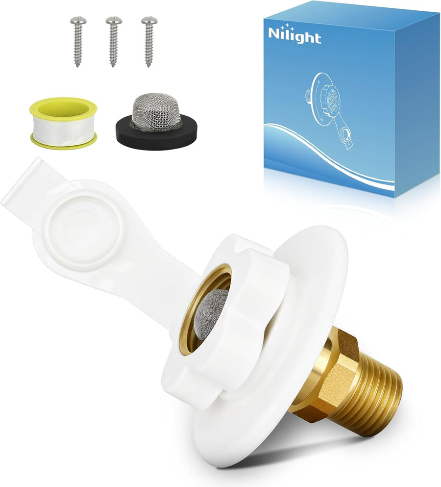 Nilight RV City Water Inlet with Check Valve 1/2 Inch NPT Male to 3/4 Inch GHT Female Brass City Water Fill Inlet Flange Connection Fittings for RV Camper Trailer Marine Hose Water Connector Replacement White