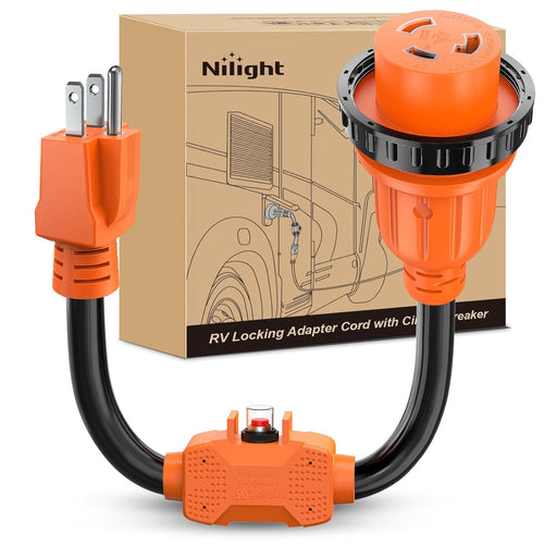 Nilight RV Locking Adapter Cord with Circuit Breaker Overload Protector 15 Amp to 30 Amp Plug 110V Electrical 10 Gauge Wire ETL Listed 5-15P to L5-30R 15M/30F Weatherproof for RV Camper Caravan Van