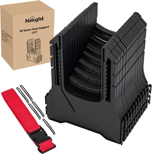 Nilight RV Sewer Hose Support 10Ft, Telescoping Design Avoid Obstacles and Height Adjustable for Camper Drainage, Easy to Set Up, Stable Deep U Shape Cradles Secure with Strap and Rubber Bands, Black