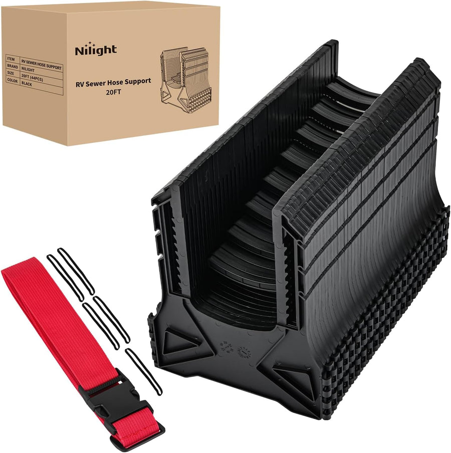 Nilight RV Sewer Hose Support 20Ft, Telescoping Design Avoid Obstacles and Height Adjustable for Camper Drainage, Easy to Set Up, Stable Deep U Shape Cradles Secure with Strap and Rubber Bands, Black