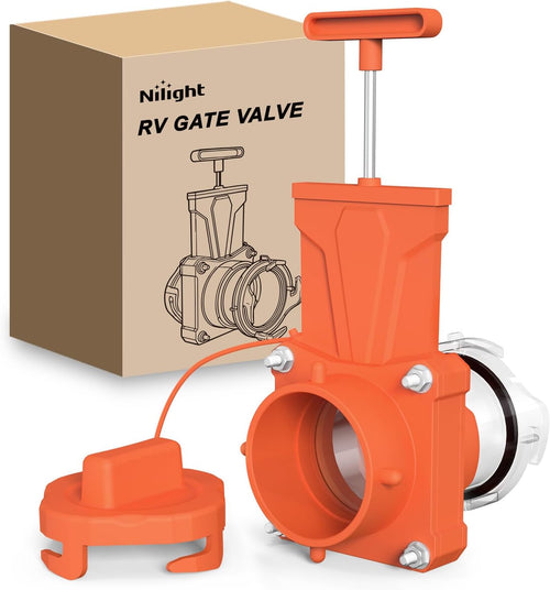 Nilight RV Sewer Valve, Camper Black Tank Gate Valve with 4 Bayonet Prongs Clear Adapter Leakproof Cap Double Odor-Tight Sealing Ring Twist On Waste Valve for RV Sewer Hose Fittings Replacement Orange