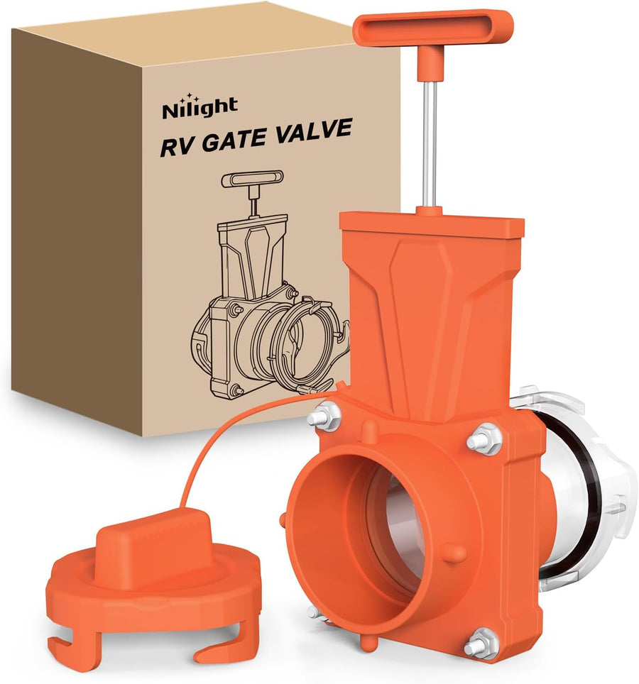 Nilight RV Sewer Valve, Camper Black Tank Gate Valve with 4 Bayonet Prongs Clear Adapter Leakproof Cap Double Odor-Tight Sealing Ring Twist On Waste Valve for RV Sewer Hose Fittings Replacement Orange