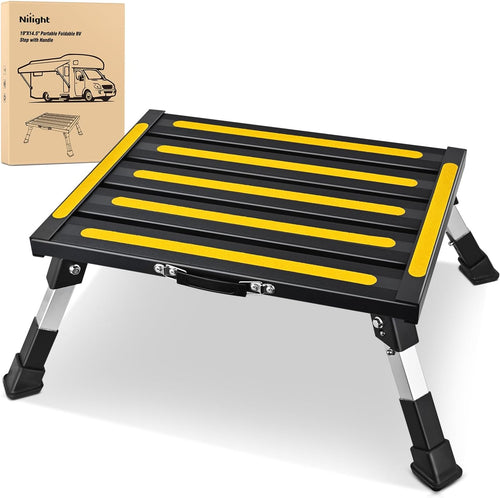 Nilight RV Step Stool Aluminum Folding Platform Steps 19x14.5 RV Steps 4 Levels Adjustable Heavy Duty Step Stool with Anti-Slip Surface Rubber Feet Portable Handle 500lbs for Camper Trailer, Black