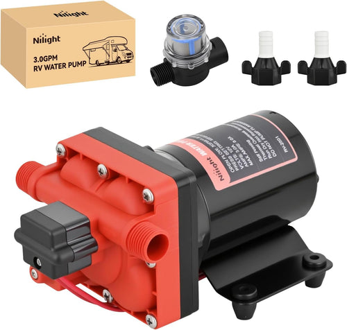Nilight RV Water Pump, 12v Water Pump 3.0 GPM 55 PSI with Pressure Switch and Strainer Heavy Duty Diaphragm Pump 12 Volt DC Upgrade Self-Priming Low Noice for RV Camper Marine Yacht Caravan Trailer