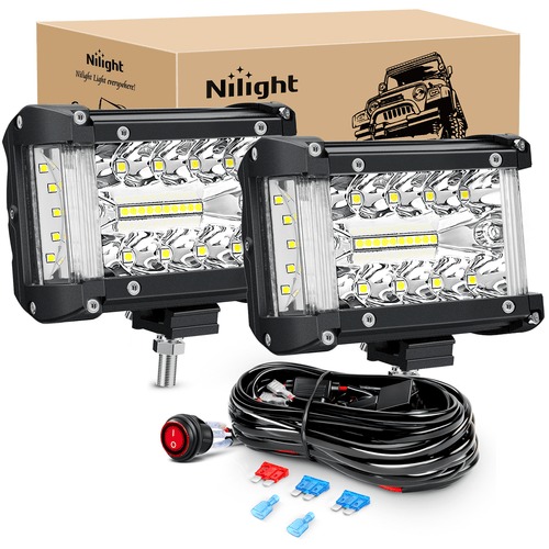 Nilight Side Shooter LED Light Bar 2PCS 4.3 Inch Triple Row Spot Flood Combo Lights Work Lighting with 5Pin Rocker Switch Wiring Harness Kit for Off Road Light on Truck SUV ATV UTV