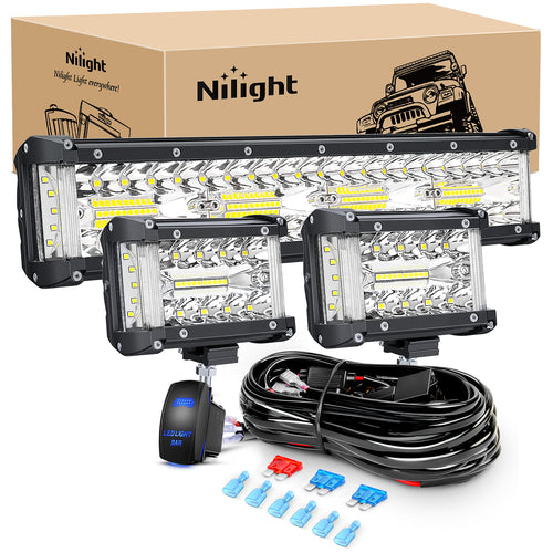 Nilight Side Shooter LED Light Bar Set 12 Inch Triple Row Spot Flood Combo Lights 2PCS 4.3Inch Pods with 5Pin Rocker Switch Wiring Harness Kit for Off-Road Truck ATV UTV Boat