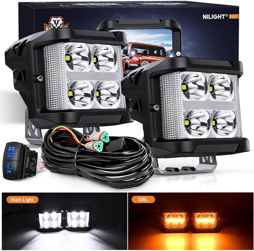 Nilight Side Shooter LED Light Pods with Amber DRL 4 Inch 26 W Spot Flood Combo LED Cubes Light w/ 16AWG Wiring Kit for Offroad Driving Fog Light Auxiliary Light on Truck ATV UTV