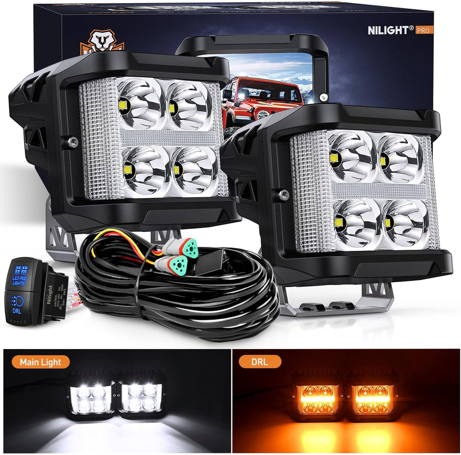 Nilight Side Shooter LED Light Pods with Amber DRL 4 Inch 26 W Spot Flood Combo LED Cubes Light w/ 16AWG Wiring Kit for Offroad Driving Fog Light Auxiliary Light on Truck ATV UTV