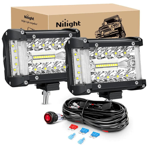 Nilight Side Shooter LED Lights 2PCS 4.3inch with Wiring Kit for Truck SUV | Triple Row Spot Flood Combo Bar, 16AWG Harness Switch, Fog Driving Work Lighting on Pick-up Boat Tractor ATV UTV, ZH610