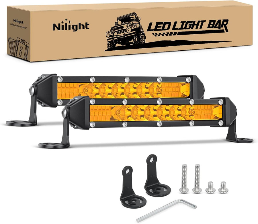 Nilight Slim LED Light Bar 2Pcs 7 Inch 16LED Single Row Spot Flood Combo Amber Off Road Work Driving Fog Turn Signal Lighting for 12V 24V ATV UTV Pickup Truck Tractor Boat