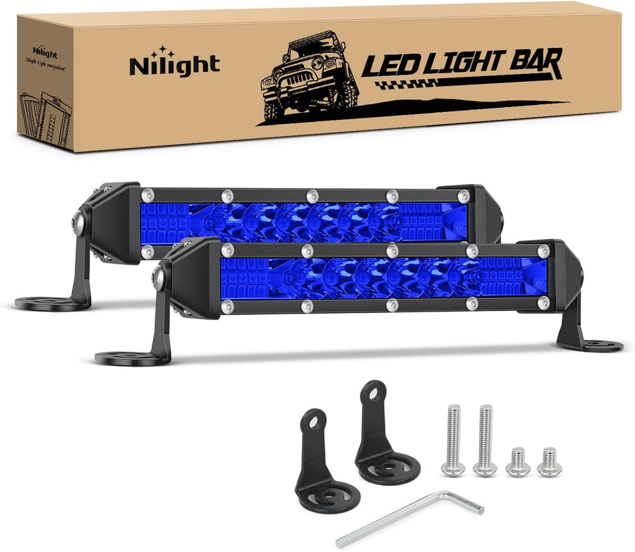 Nilight Slim LED Light Bar 2Pcs 7 Inch 16LED Single Row Spot Flood Combo Blue Off Road Driving Fog Fishing Hunting Emergency Safety Signal Lighting for 12V 24V ATV UTV Pickup Truck Tractor Boat