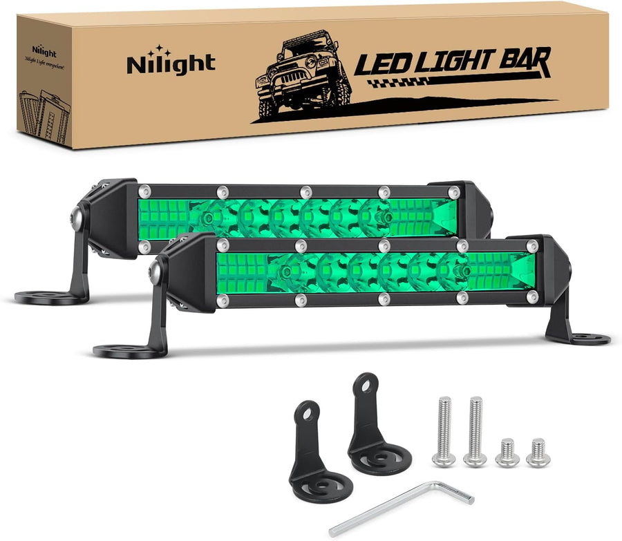 Nilight Slim LED Light Bar 2Pcs 7 Inch 16LED Single Row Spot Flood Combo Green Off Road Driving Fog Fishing Hunting Lighting for 12V 24V ATV UTV Pickup Truck Tractor Boat