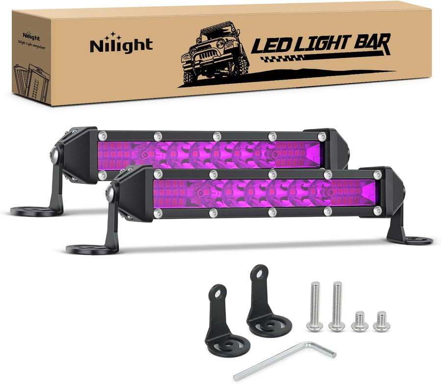 Nilight Slim LED Light Bar 2Pcs 7 Inch 16LED Single Row Spot Flood Combo Purple Off Road Driving Decoration Neon Hunting Lighting for 12V 24V ATV UTV Pickup Truck Tractor