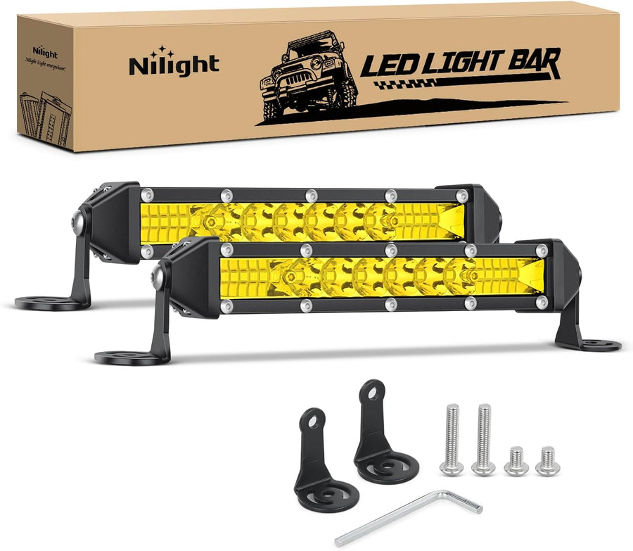 Nilight Slim LED Light Bar 2Pcs 7 Inch 16LED Single Row Spot Flood Combo Yellow Off Road Work Driving Fog Lighting for 12V 24V ATV UTV Pickup Truck Tractor Boat