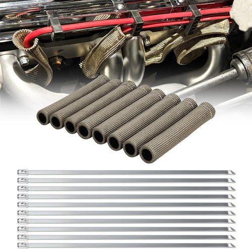 Nilight Spark Plug Wire Heat Shield Sleeve, 8Pcs 3632°F Boot Protector - with 10 Metal Zip Ties, Replacement for LS1/LS2 SBC BBC 350 454 Car Truck, 6 Inch Titanium