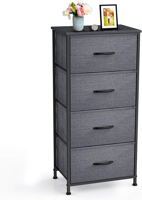 Nilight Storage Tower Units, Nightstand Dresser Organizer with 4 Drawers, Fabric Vertical, Steel Frame Wide Wood Top Small Dresser for Bedroom Hallway Entryway Closets, Easy Pull Handle, Black Grey