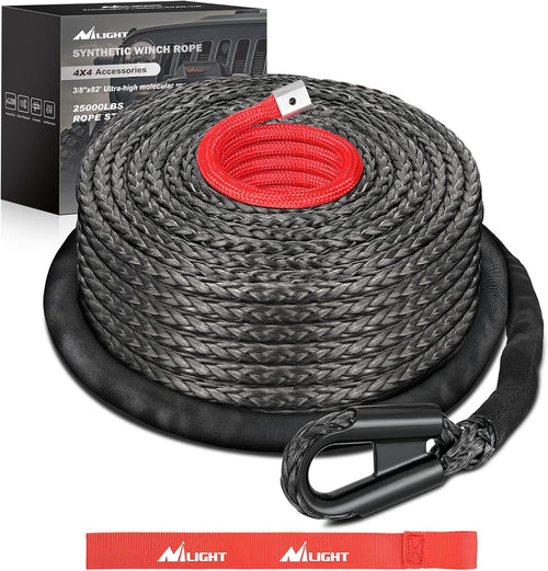 Nilight Synthetic Winch Rope, 3/8 Inch x 82 FT 25000 Ibs Winch Line Replacement for ATV UTV 4WD Off-Road Vehicle Jeep SUV Truck Winch Cable Accessory with Red Jacket Rope and Protective Sleeve, Black